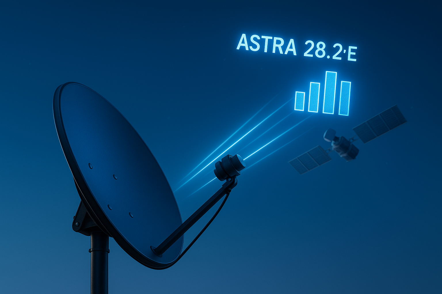 Astra 28.2E satellite dish with updated 2026 frequency settings