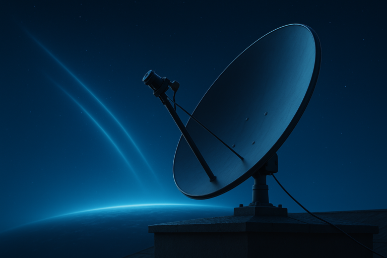 Modern satellite dish facing the sky with signal beams in a cinematic night scene.