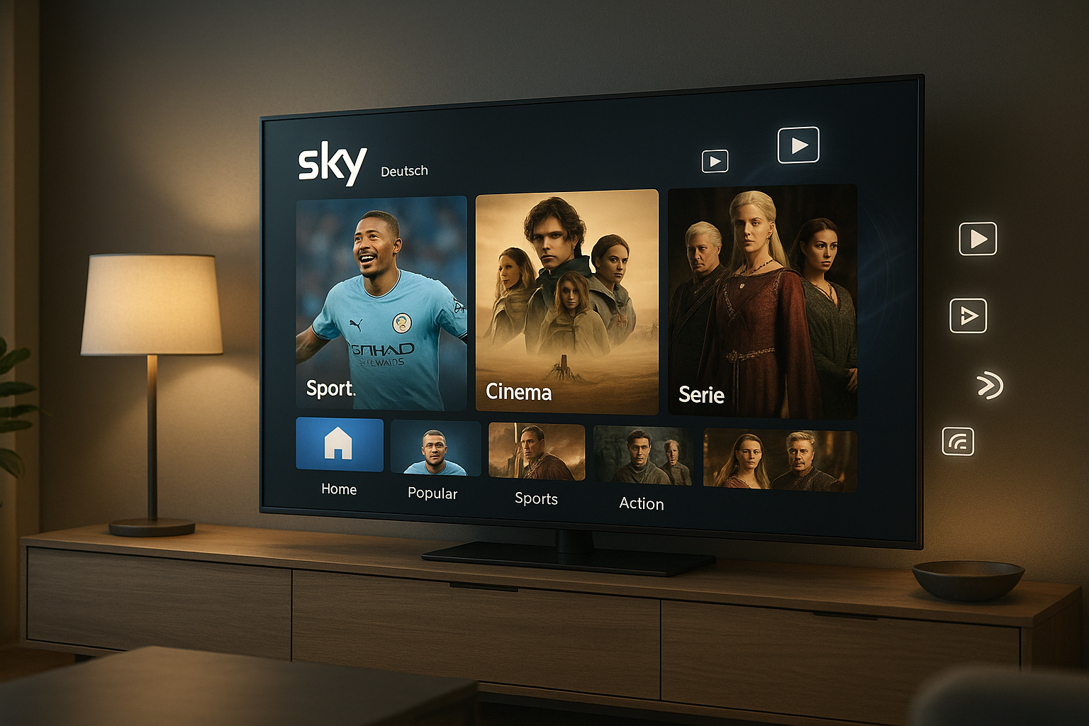 Sky Deutschland Benutzeroberfläche auf modernem Fernseher im Jahr 2026