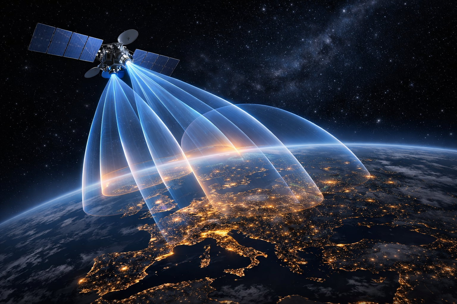 Astra 19.2°E satellite beams covering multiple European countries enabling cross-border TV distribution.