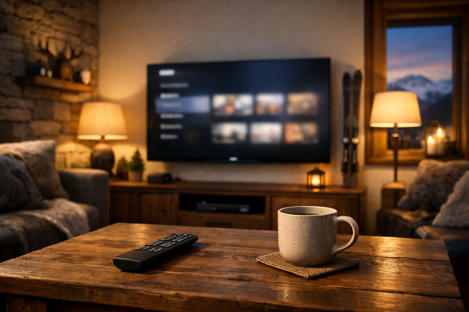 Cozy Austrian living room with a smart TV interface in 2026 showing modern home viewing habits