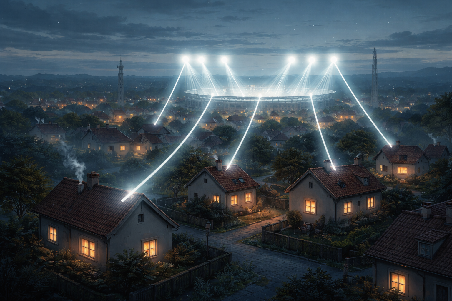 Illustration showing live football broadcasts connecting European homes to stadiums.