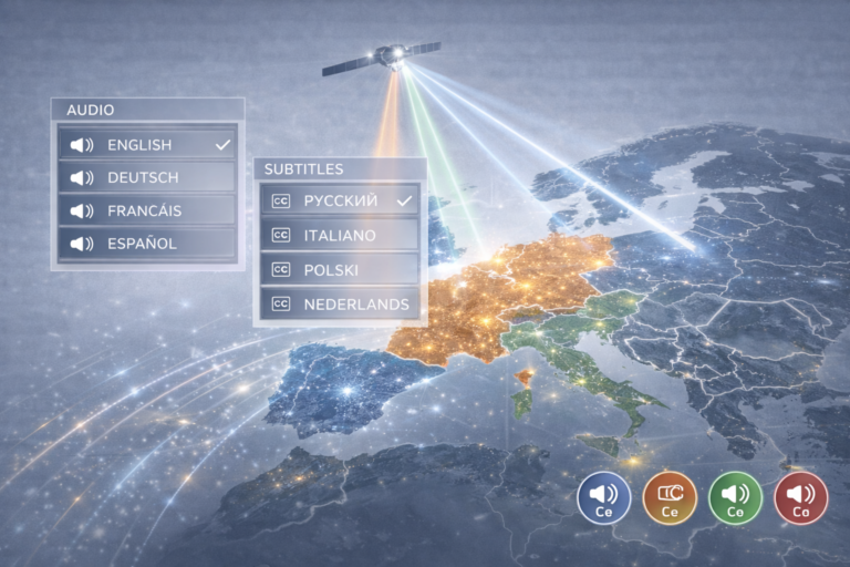 Professional illustration representing multilingual television broadcasting in Europe