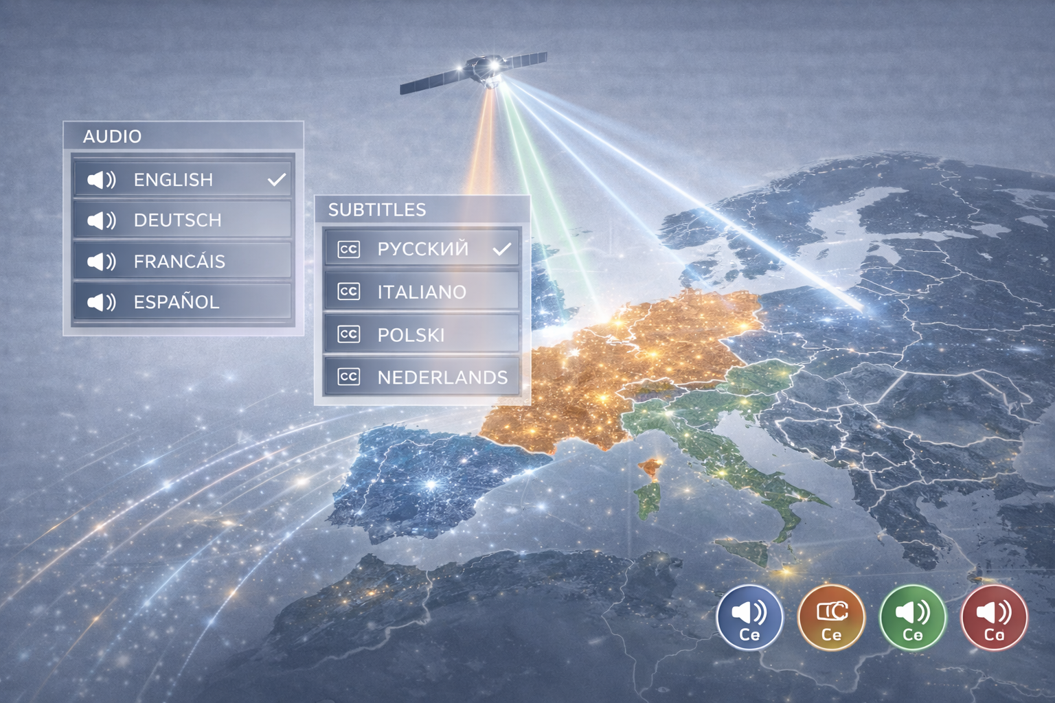Professional illustration representing multilingual television broadcasting in Europe