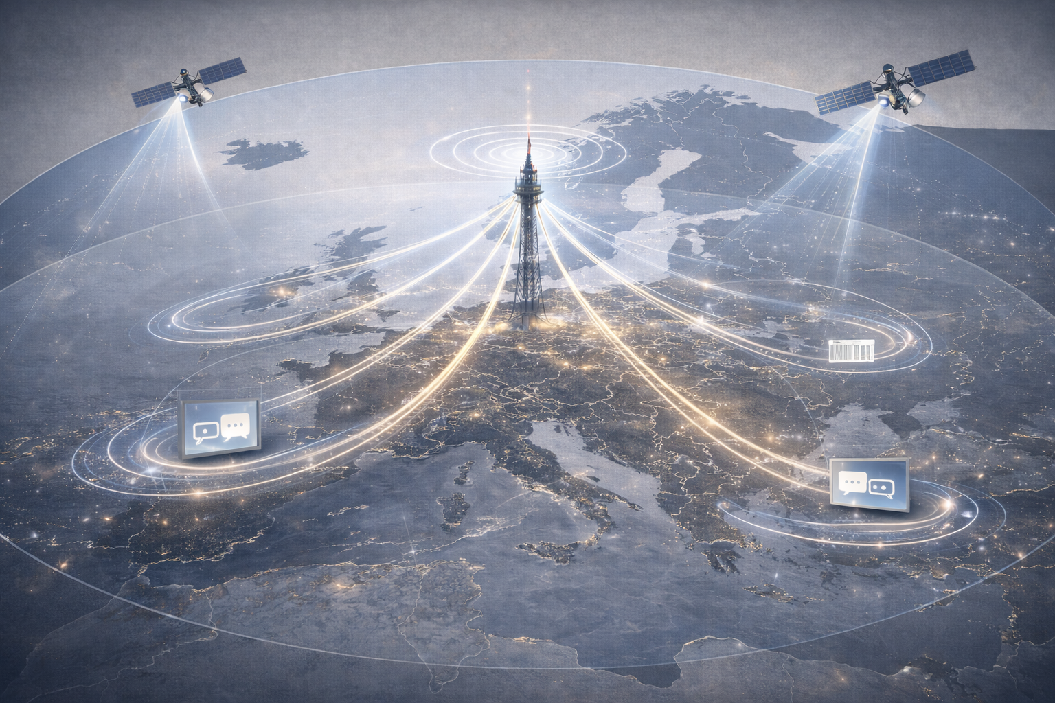 Professional illustration showing trusted traditional TV signal distribution across Europe