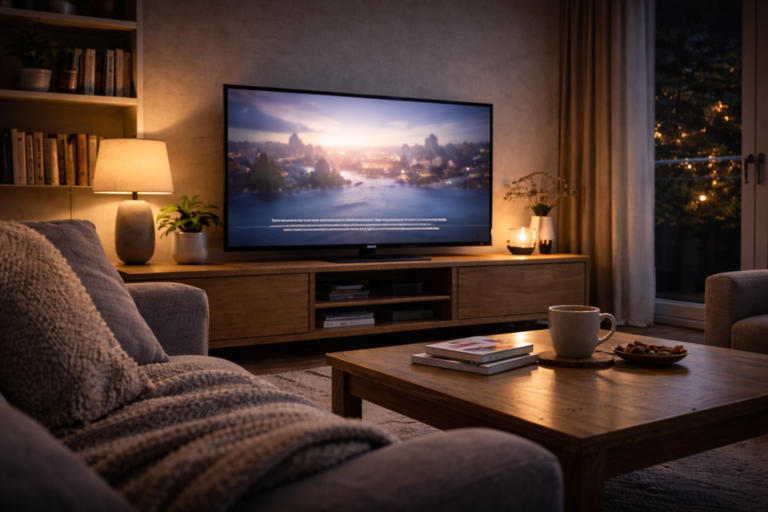 American living room showing international TV channels becoming part of daily home life in the USA.