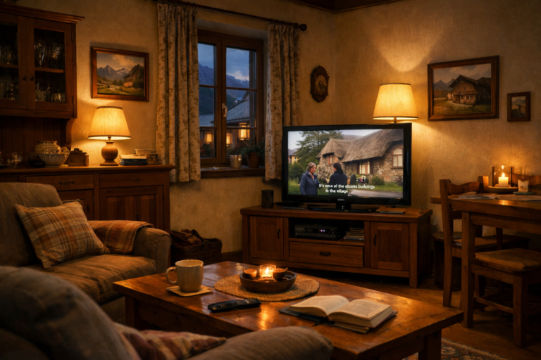 Austrian living room evening background English TV viewing 2026
