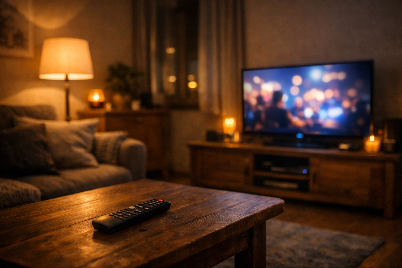 Czech living room in the evening with TV on showing typical home viewing routine in 2026.