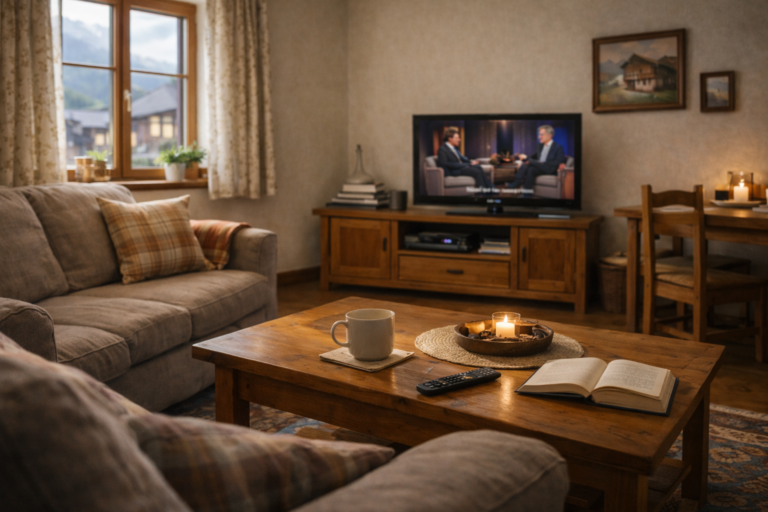 Daytime Austrian living room background English TV viewing 2026