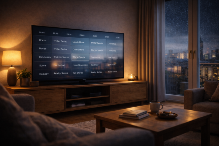 German living room TV showing a neutral channel grid representing widely watched channels in 2026.