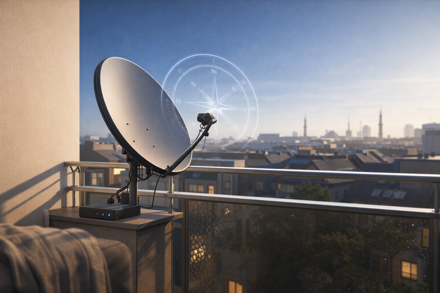 Satellite dish on an Austrian apartment balcony aligned toward Astra 28.2E in 2026.