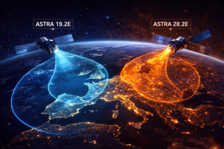 Comparison between Astra 19.2E and Astra 28.2E satellite coverage and signal beams