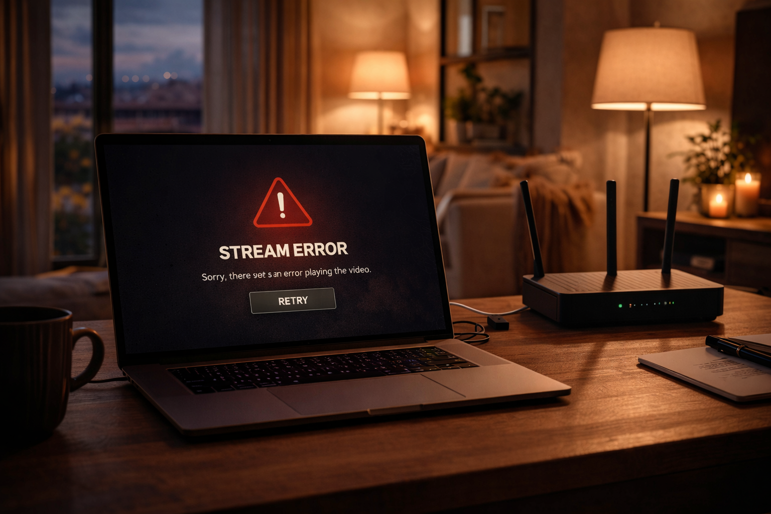 Laptop showing streaming error screen during Sky TV viewing 2026