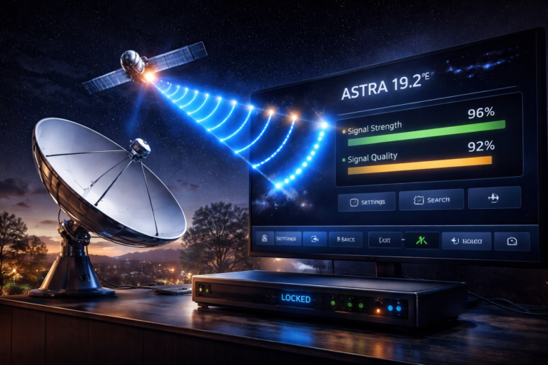 Satellite dish aligned to Astra 19.2 showing signal strength indicators