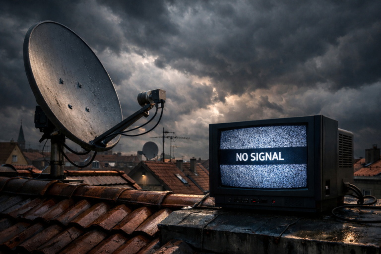 Satellite dish installation with no signal warning on television.