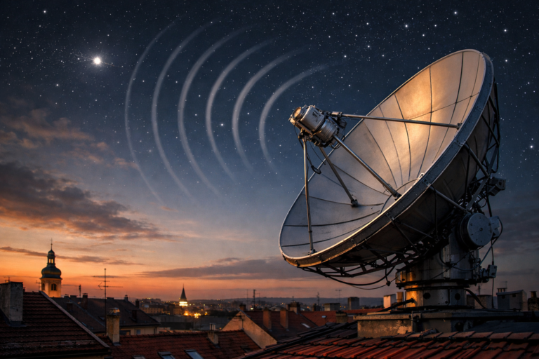 Satellite dish receiving German TV channels from Astra 19.2 satellite.