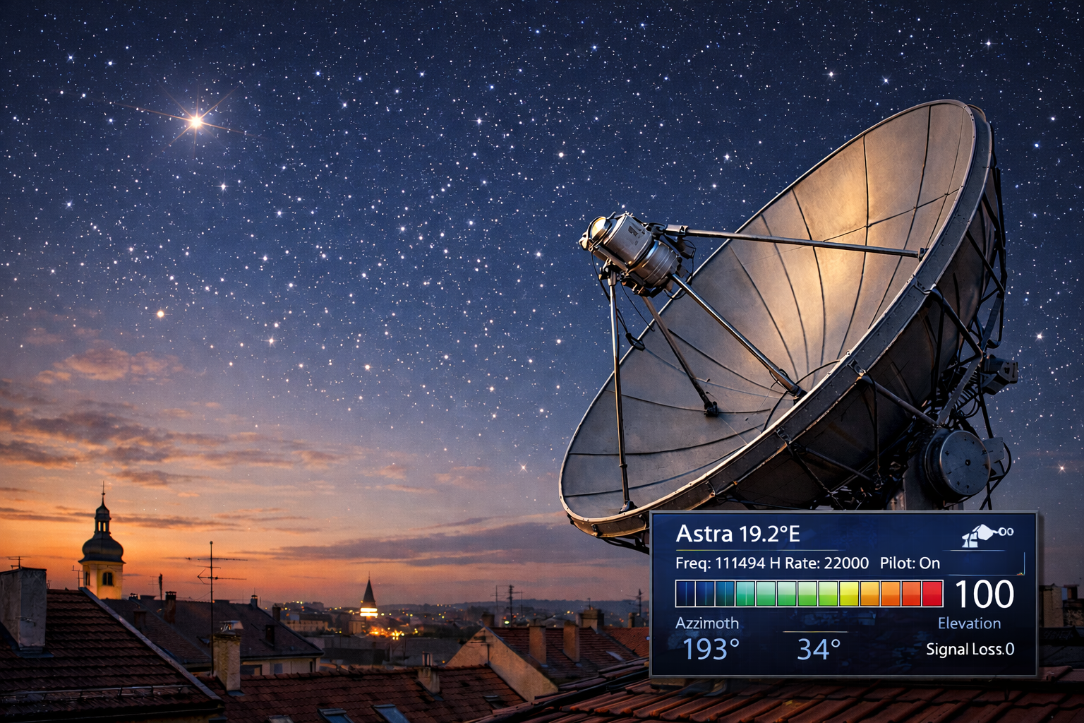 Satellite dish showing strong signal reception from Astra 19.2.