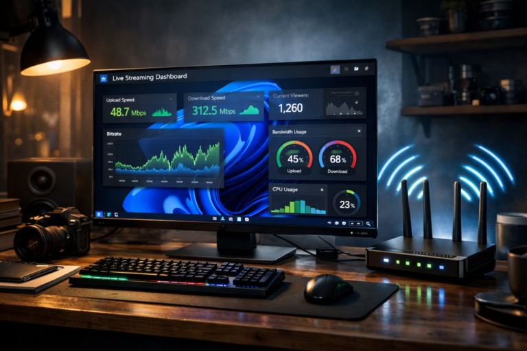 Sky Go network requirements dashboard on Windows 11 showing bandwidth and connection indicators