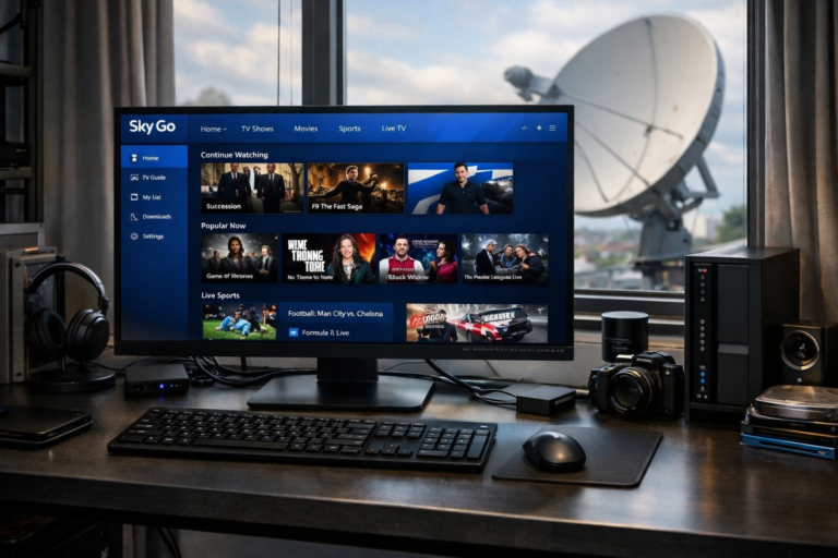 Windows 11 computer streaming Sky Go service with satellite TV setup