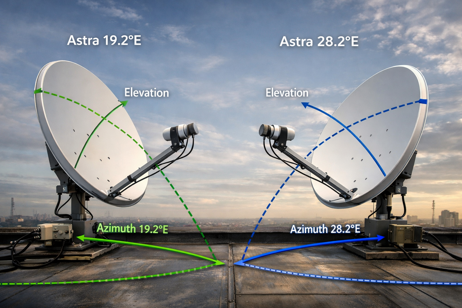 Dish alignment difference between Astra 19.2E and Astra 28.2E showing pointing angles