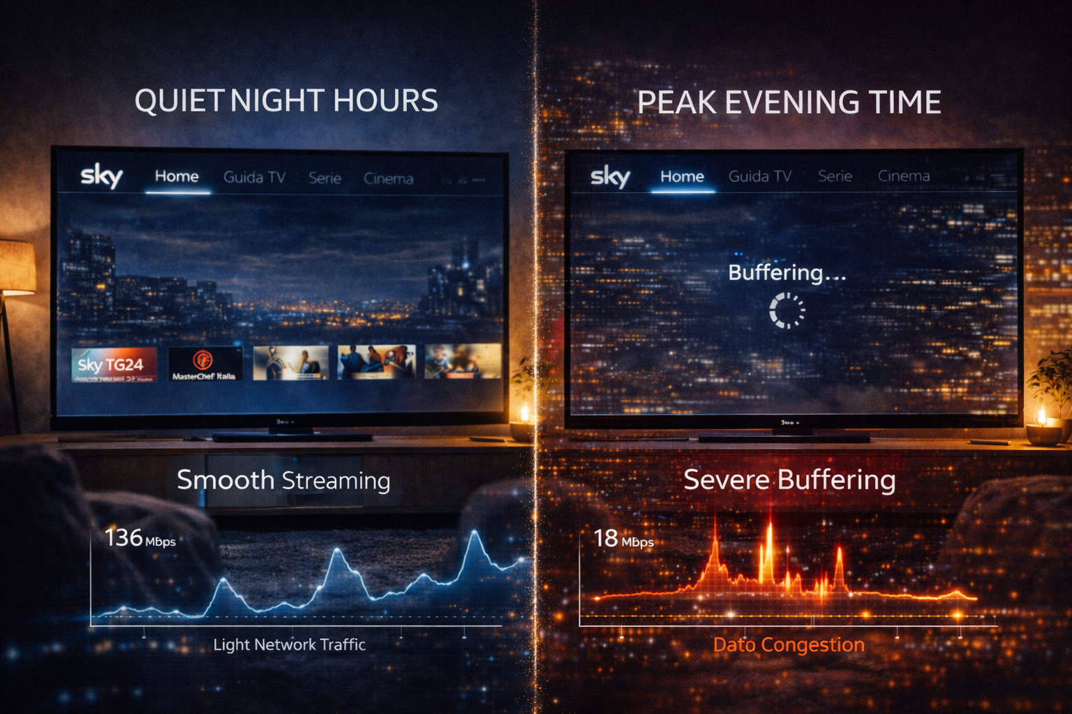 Sky Italia streaming performance difference between peak and off peak hours