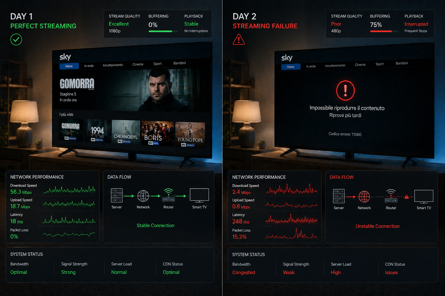 Sky Italia working one day and failing the next due to network instability