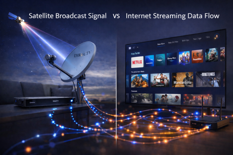 Technical comparison between DirecTV satellite signal and YouTube TV streaming delivery