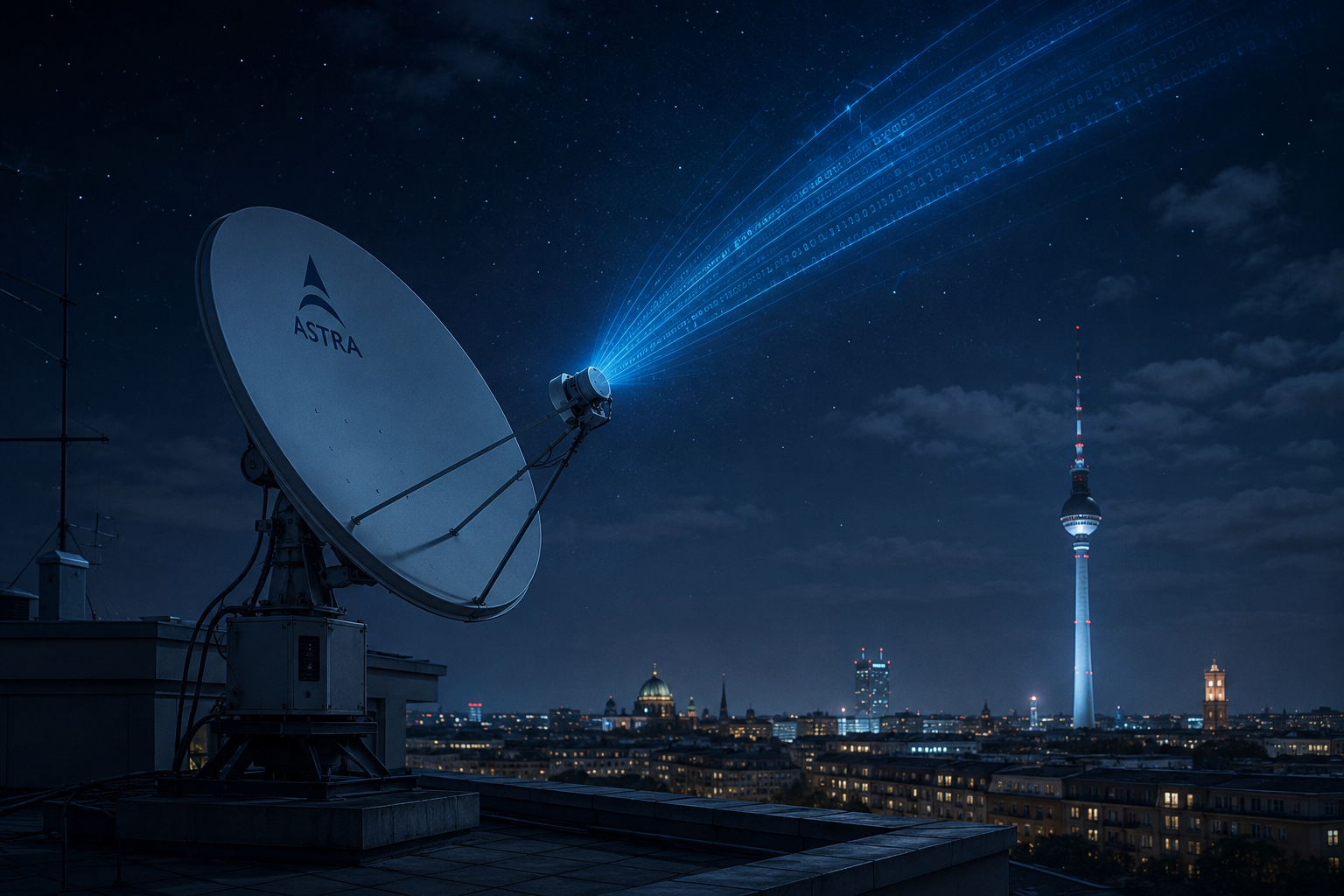 Satellite dish receiving Eutelsat 16E signal at night.