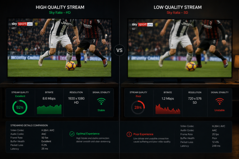 Sky Italia streaming quality difference between high bitrate and low bitrate playback