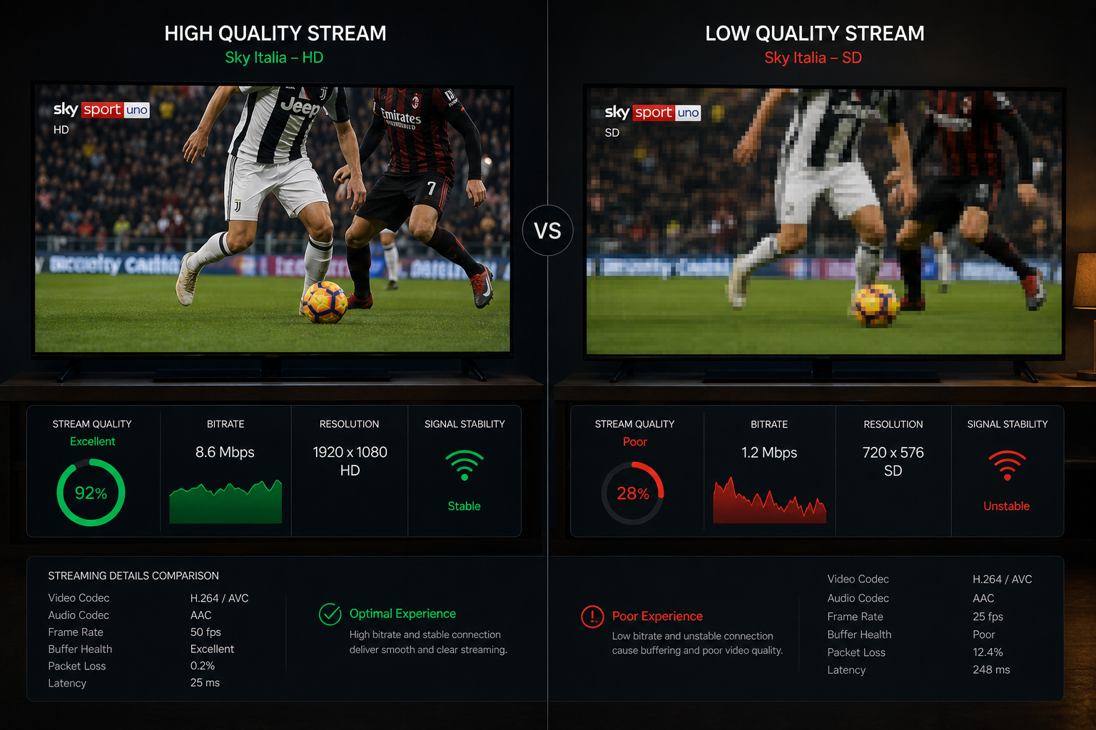 Sky Italia streaming quality difference between high bitrate and low bitrate playback