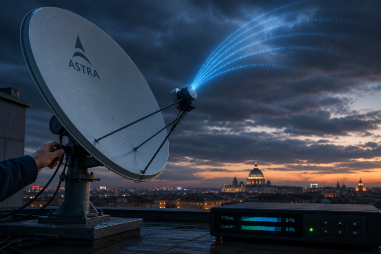 Small satellite dish adjustment improving Eutelsat 16E signal quality.