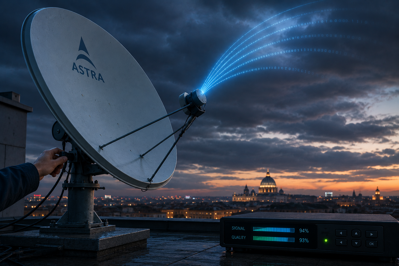 Small satellite dish adjustment improving Eutelsat 16E signal quality.