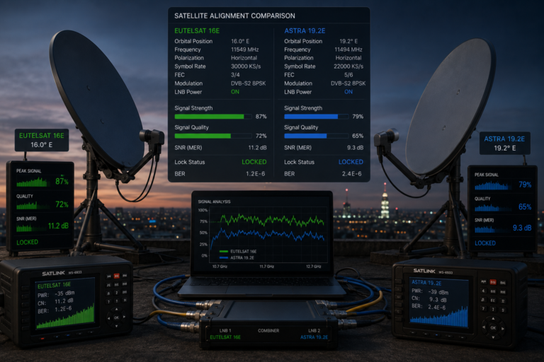 Comparison of Eutelsat 16E and Astra dish alignment precision.