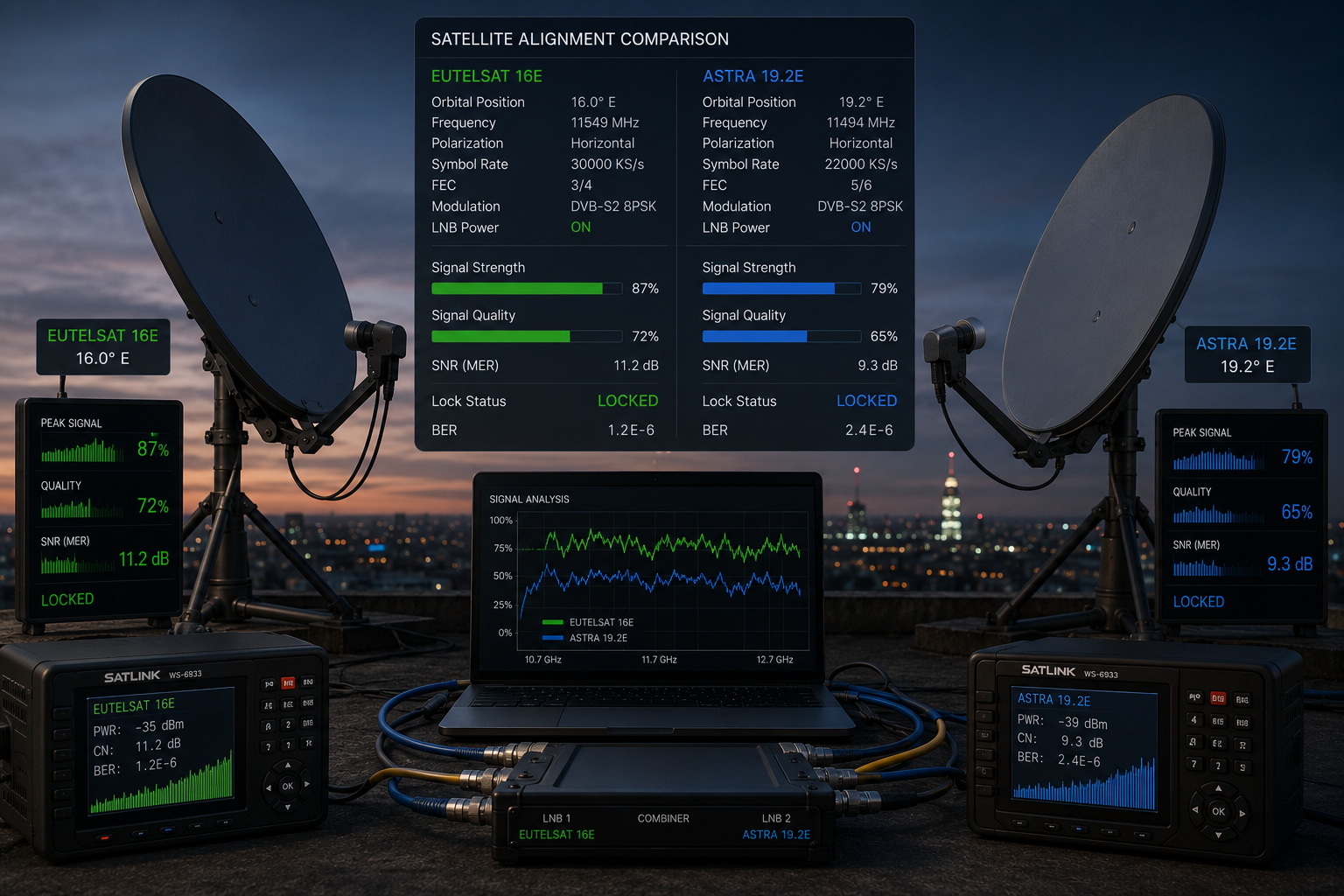 Comparison of Eutelsat 16E and Astra dish alignment precision.