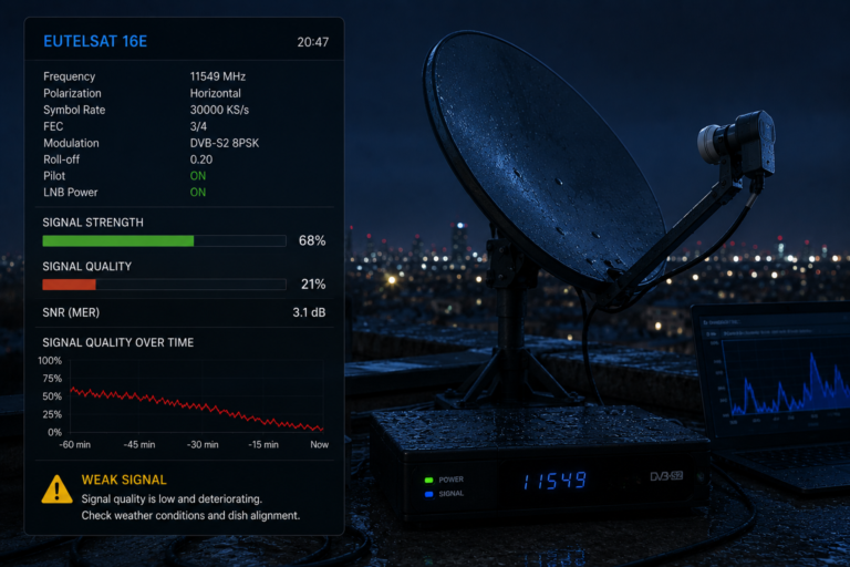 Weak Eutelsat 16E signal detected by a satellite receiver.