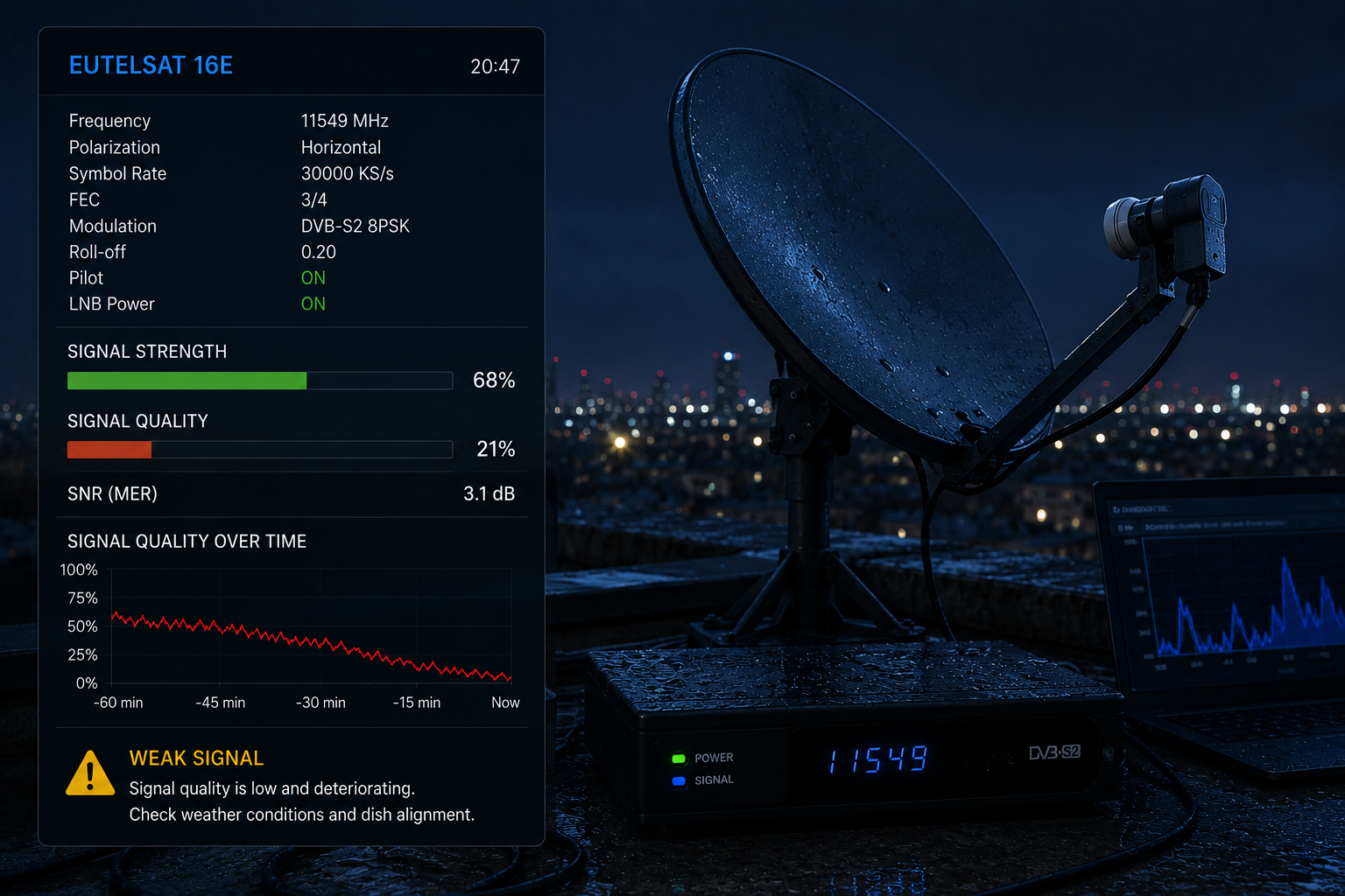 Weak Eutelsat 16E signal detected by a satellite receiver.