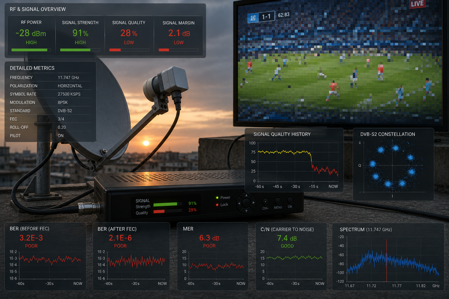 Satellite receiver showing high signal strength but low signal quality during DVB-S2 reception.