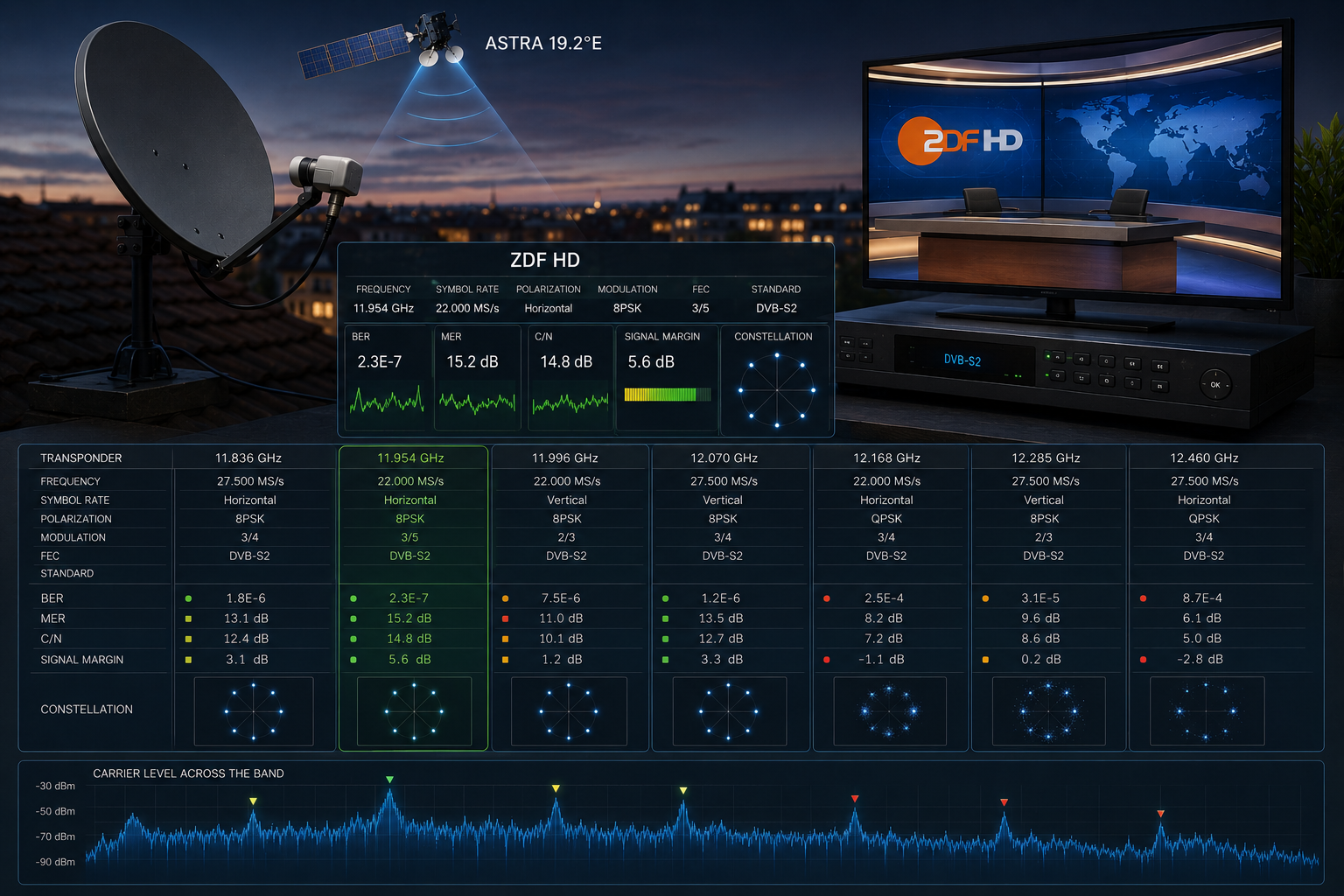 ZDF HD DVB-S2 satellite signal compared with other Astra 19.2E transponders.