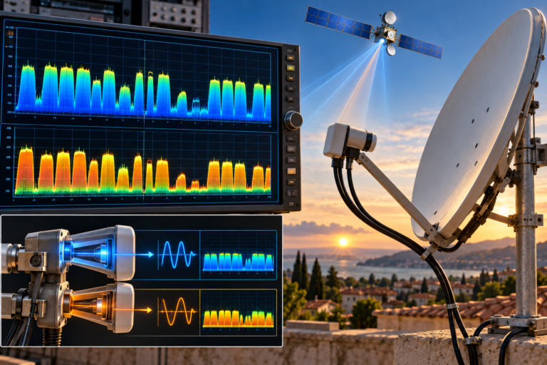 Astra 19.2E satellite dish with spectrum analyzer showing strong and weak transponders.
