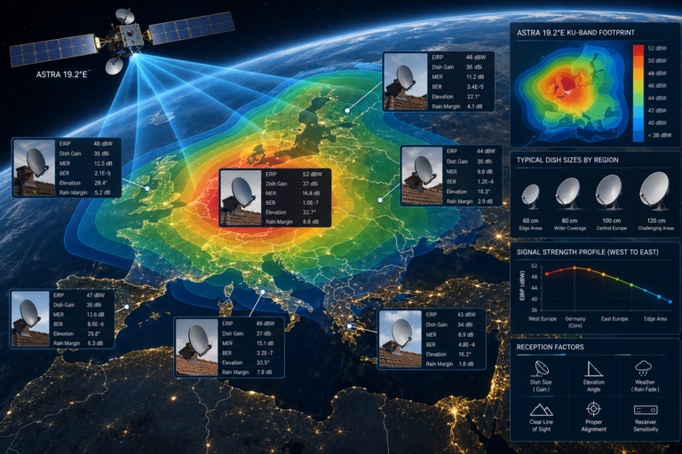 Astra 19.2E signal footprint showing different reception levels across Europe.