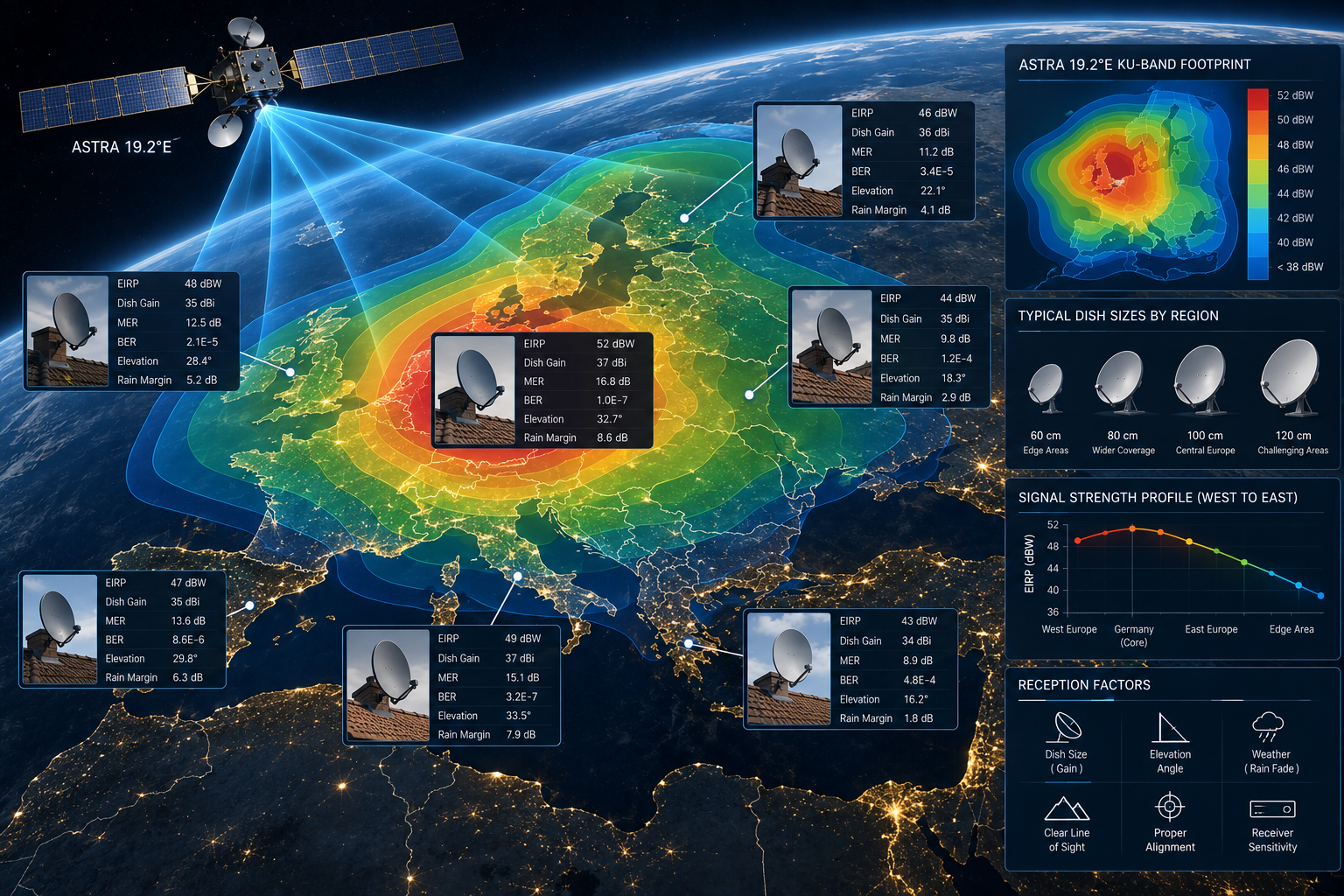 Astra 19.2E signal footprint showing different reception levels across Europe.