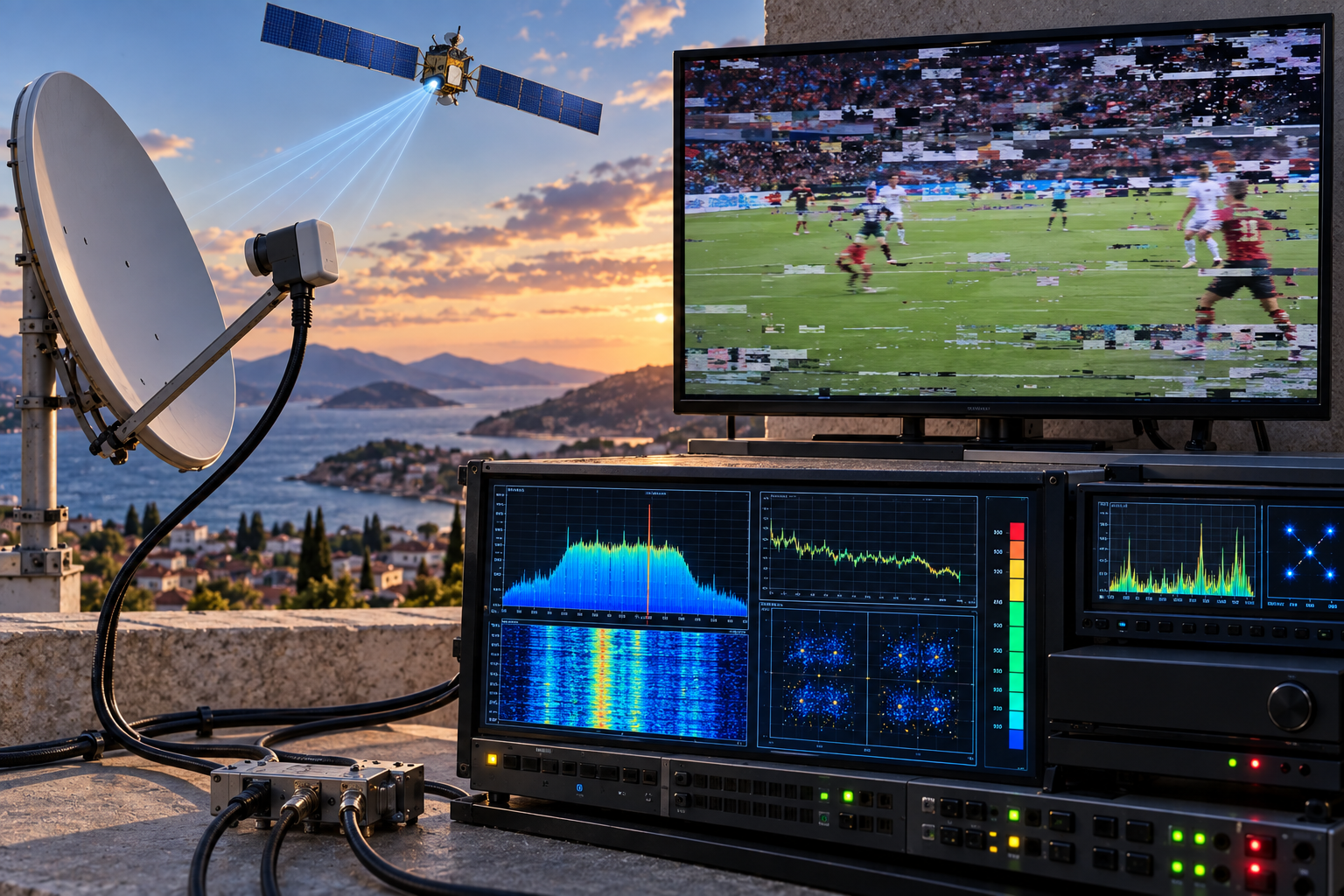 Satellite receiver monitoring a marginal DVB-S2 signal that can cause intermittent HD picture freezing.