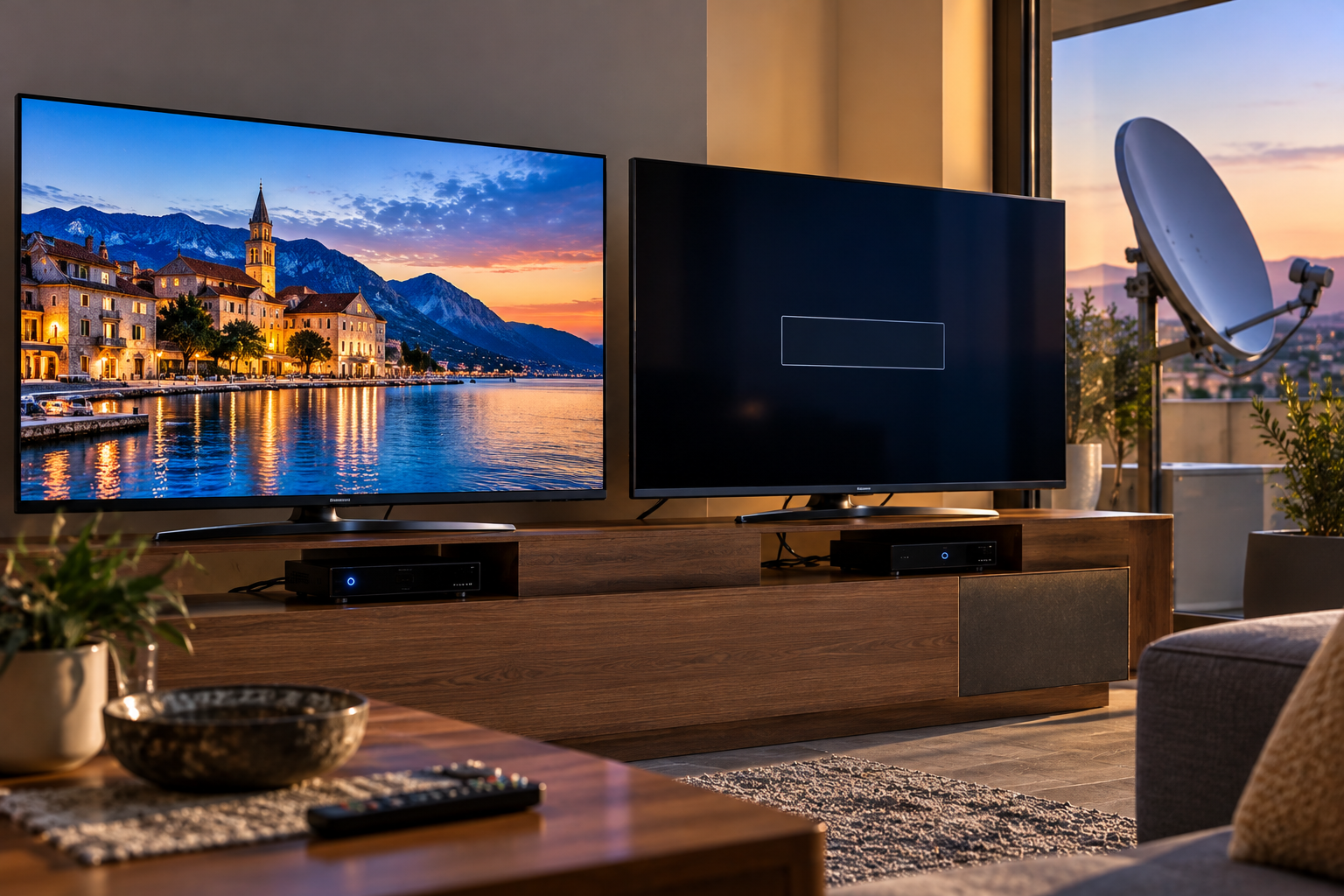 Two televisions connected to an Astra satellite installation showing different reception results