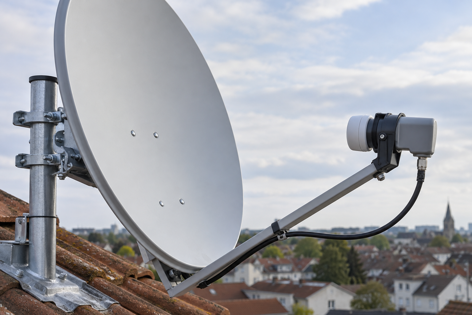 Ku-band satellite dish and LNB installation used to diagnose weak Hot Bird frequencies