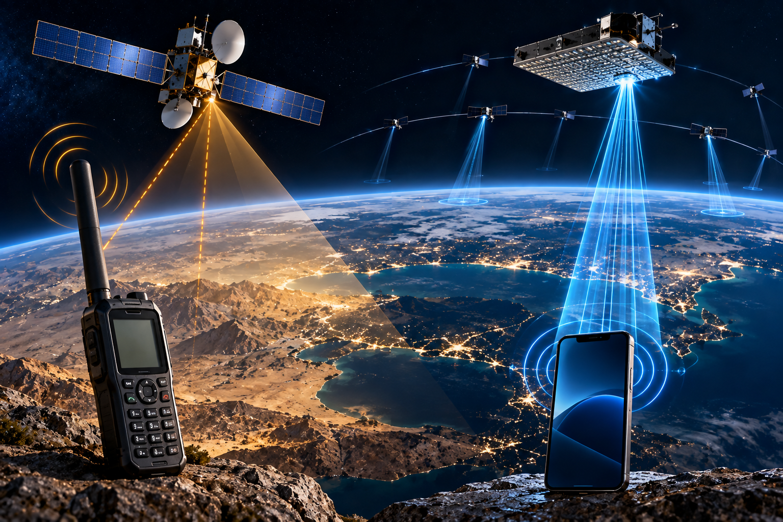 Traditional satellite phone antenna compared with an ordinary smartphone connecting to a modern LEO satellite.
