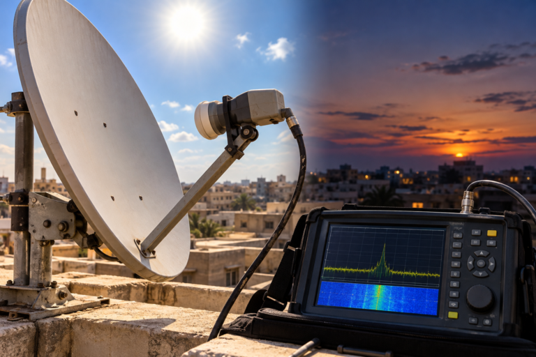 Astra 19.2E satellite dish exposed to daytime heat with a marginal RF signal displayed on a spectrum analyzer.
